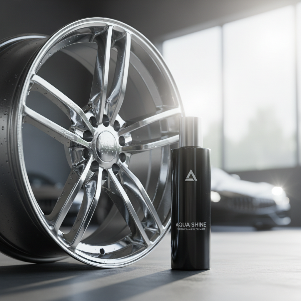 밝은 햇살 아래 깨끗하게 세척된 크롬 휠 옆에 세련된 디자인의 휠 세정제 스프레이 보틀이 놓여 있는 설정. 배경은 부드러운 보케 효과로 처리되어 제품이 강조됨.