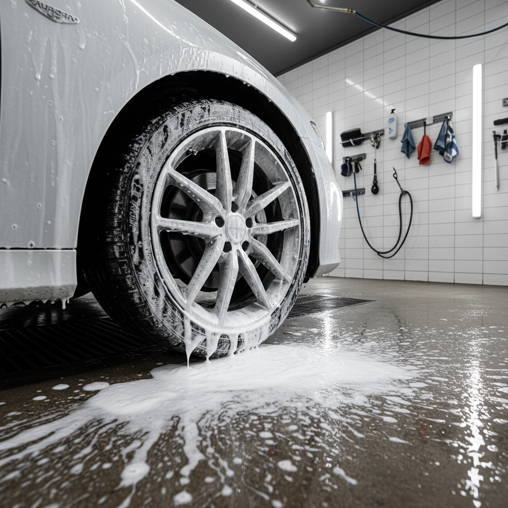 세차장 베이 안에서 휠 세정제가 휠 전체에 고르게 도포되어 하얀 거품이 흘러내리는 모습. 바닥에는 세척액과 오염물이 섞여 흐르는 디테일이 포함된 전문적인 디테일링 환경.