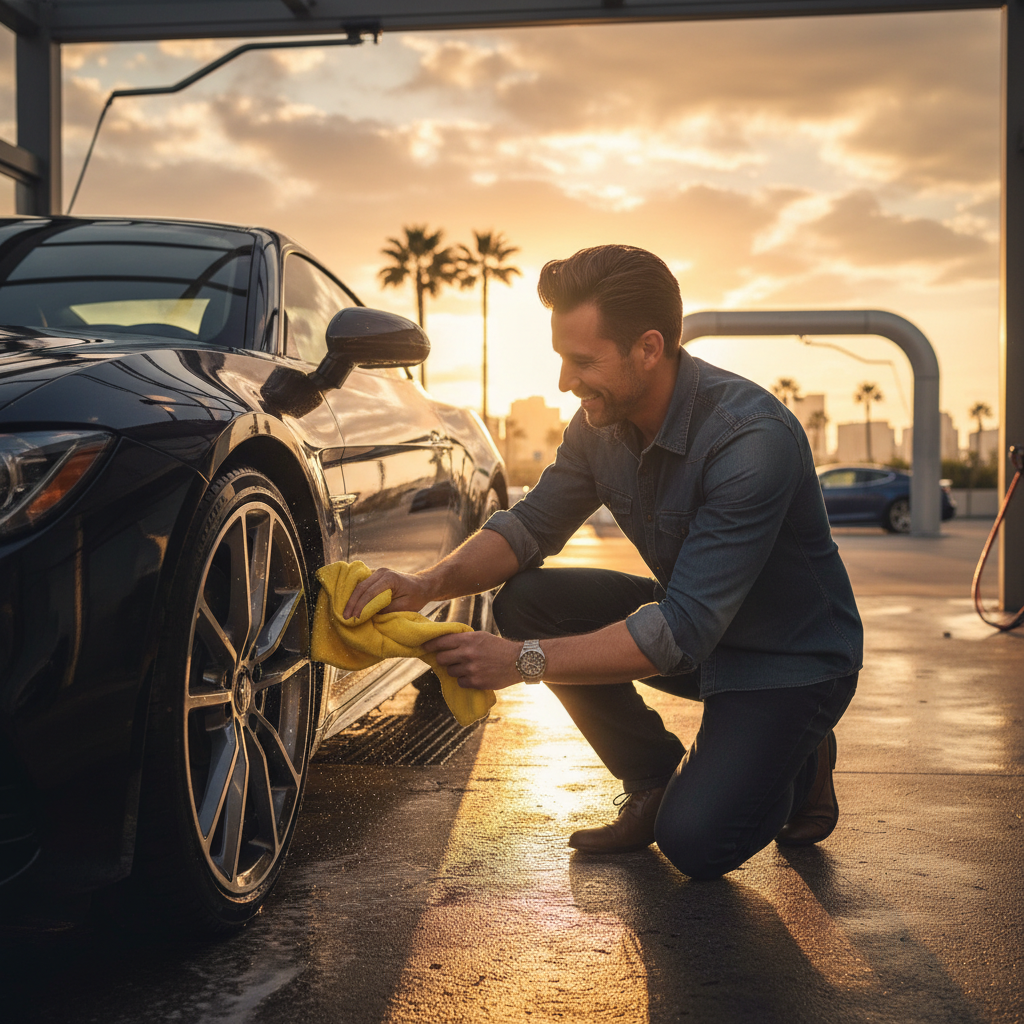 황금빛 노을이 지는 야외 세차장에서 자동차 마니아가 노란색 마이크로파이버 타월을 이용해 휠의 마지막 물기를 정성스럽게 닦아내는 감성적이고 고품질인 라이프스타일 이미지.
